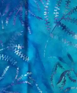 Hand-dyed Fern Blue batik quilt fabric by the yard featuring delicate Floral fronds on a textured ocean blue cotton background.