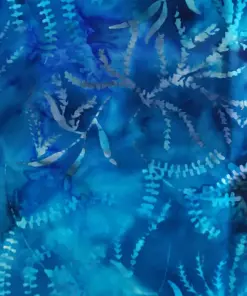 Text: Deep midnight Fern Navy Blue batik quilt fabric by the yard showcasing light blue botanical fern patterns on dark 100% cotton.
