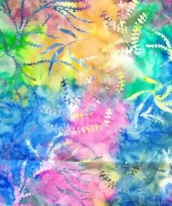 Multicolored vibrant Fern rainbow batik quilt fabric by the yard featuring Floral prints over a watercolor blend of pink, blue, yellow, and green cotton.