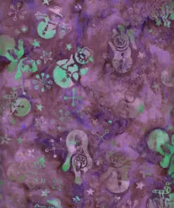 Twilight purple and blue hand-stamped snowman Christmas batik fabric with whimsical winter patterns