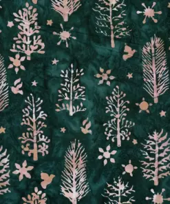 Evergreen woodland Christmas batik fabric showcasing peach-colored spruce trees, doves, and snow stars on a dark green background.