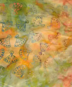 Vibrant orange and green folding fan motif tropical cotton quilting batik fabric.