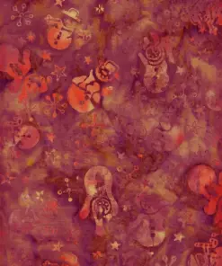 Warm sunset orange and violet snowman motif batik fabric by the yard for unique holiday crafts