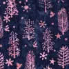 Midnight winter wonderland batik fabric featuring soft pink spruce trees, doves, and stars on a deep navy blue night sky background.