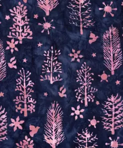 Midnight winter wonderland batik fabric featuring soft pink spruce trees, doves, and stars on a deep navy blue night sky background.