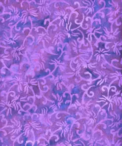 Purple and blue fern vine hand-stamped batik cotton fabric with two-tone lavender botanical leaf motifs for crafts and apparel