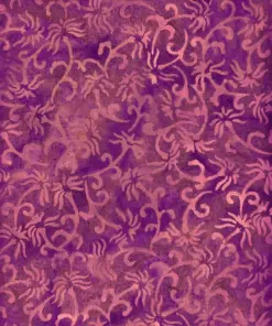 Purple fern vine hand-stamped batik cotton fabric featuring rich magenta and plum botanical motifs for quilting and dressmaking