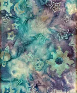 Premium purple green galaxy batik cloth with stars and moon pattern, hand-dyed cotton fabric for Christmas theme crafts.