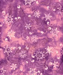 Sugarplum purple snowflake and star Bali batik fabric, hand-dyed winter holiday quilting cotton by the yard.