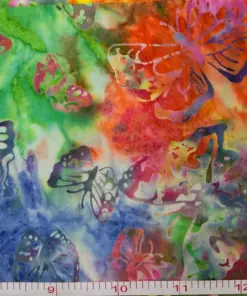 Multicolor rainbow butterfly tropical batik fabric featuring hand-dyed textures and vibrant motifs.