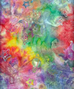 Colorful rainbow galaxy batik cloth with celestial patterns, high-quality hand-dyed cotton for vibrant Christmas theme sewing.