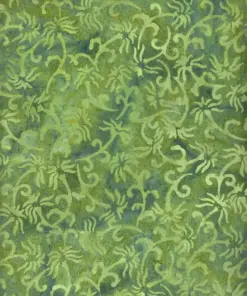 hand-stamped Sage green fern vine batik cotton fabric with olive and moss botanical leaf pattern by the yard