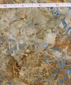 Rustic weathered oak khaki and slate blue botanical wild ivy batik fabric with measuring tape.