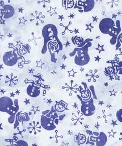 Classic blue and snowy white Christmas snowman batik fabric for elegant winter holiday crafts