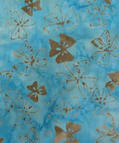 Bright clear creek blue dogwood and moss batik fabric with sand brown floral silhouettes for meadow landscape quilting projects.