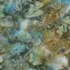 Hand-stamped earthy dogwood and moss woodland Botanical batik fabric in riverbed earth colors featuring slate blue and moss green for rustic quilting.