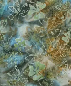 Hand-stamped earthy dogwood and moss woodland Botanical batik fabric in riverbed earth colors featuring slate blue and moss green for rustic quilting.
