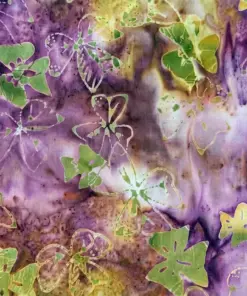 Dark twilight amethyst purple and moss green woodland dogwood batik fabric with organic earthy textures for textile art.