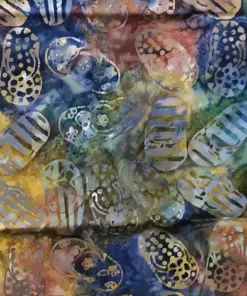 Marbled yellow, brown, and dark blue flip-flop print authentic handmade quilting cotton batik fabric.