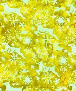 Cheerful yellow deer batik fabric featuring Christmas reindeer and snowflakes for bright, unique holiday sewing projects.