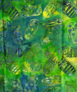 Bright tropical green, yellow, and blue sandal motif 100% cotton genuine batik fabric for apparel.