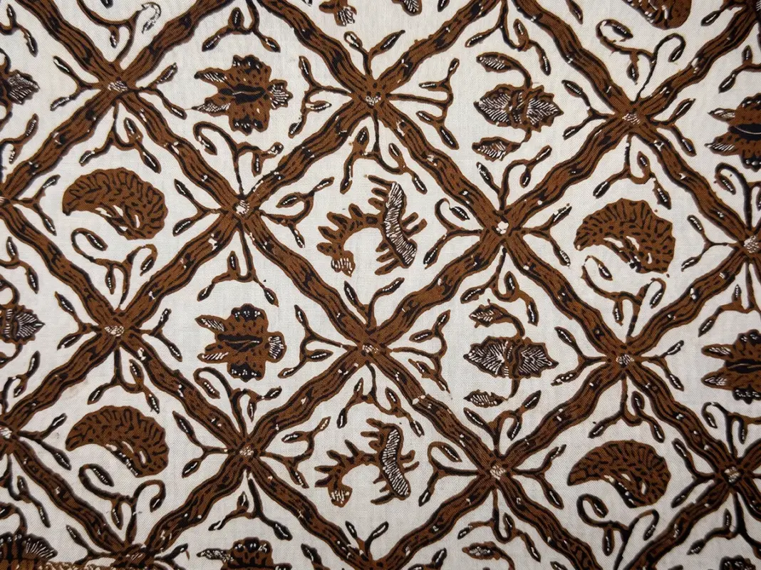 Authentic brown and white Sido mulyo batik cap fabric featuring traditional interlocking geometric diamond patterns and classical Javanese motifs handcrafted in Pekalongan.