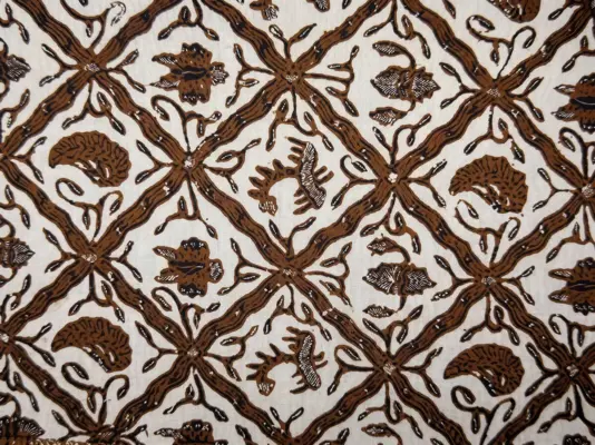 Authentic brown and white Sido mulyo batik cap fabric featuring traditional interlocking geometric diamond patterns and classical Javanese motifs handcrafted in Pekalongan.