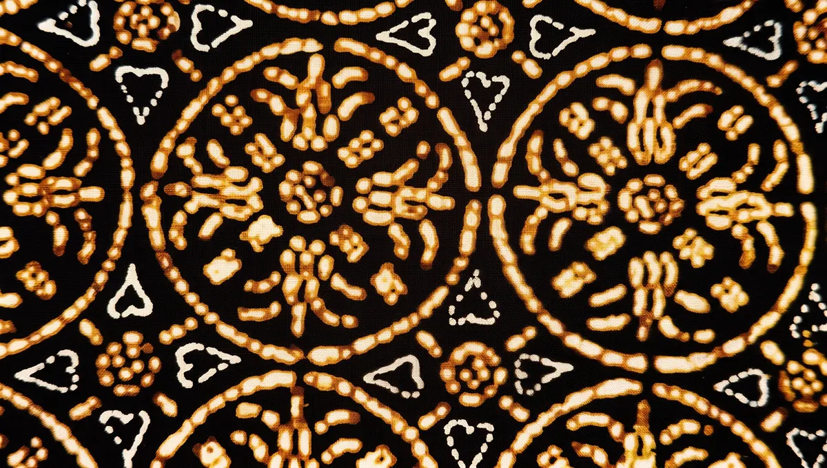 Close-up of traditional Batik Cakar Ayam motif featuring circular floral-claw medallions in warm soga brown and white dotted hearts on a true black cotton background