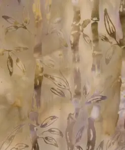 Soft mocha and lavender hand-dyed batik fabric featuring gilded bamboo stalks and leaves.