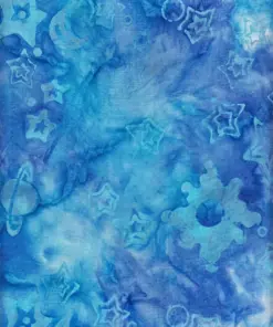 Authentic sky blue galaxy batik cloth featuring hand-stamped stars and moons, premium cotton for Christmas theme quilting.